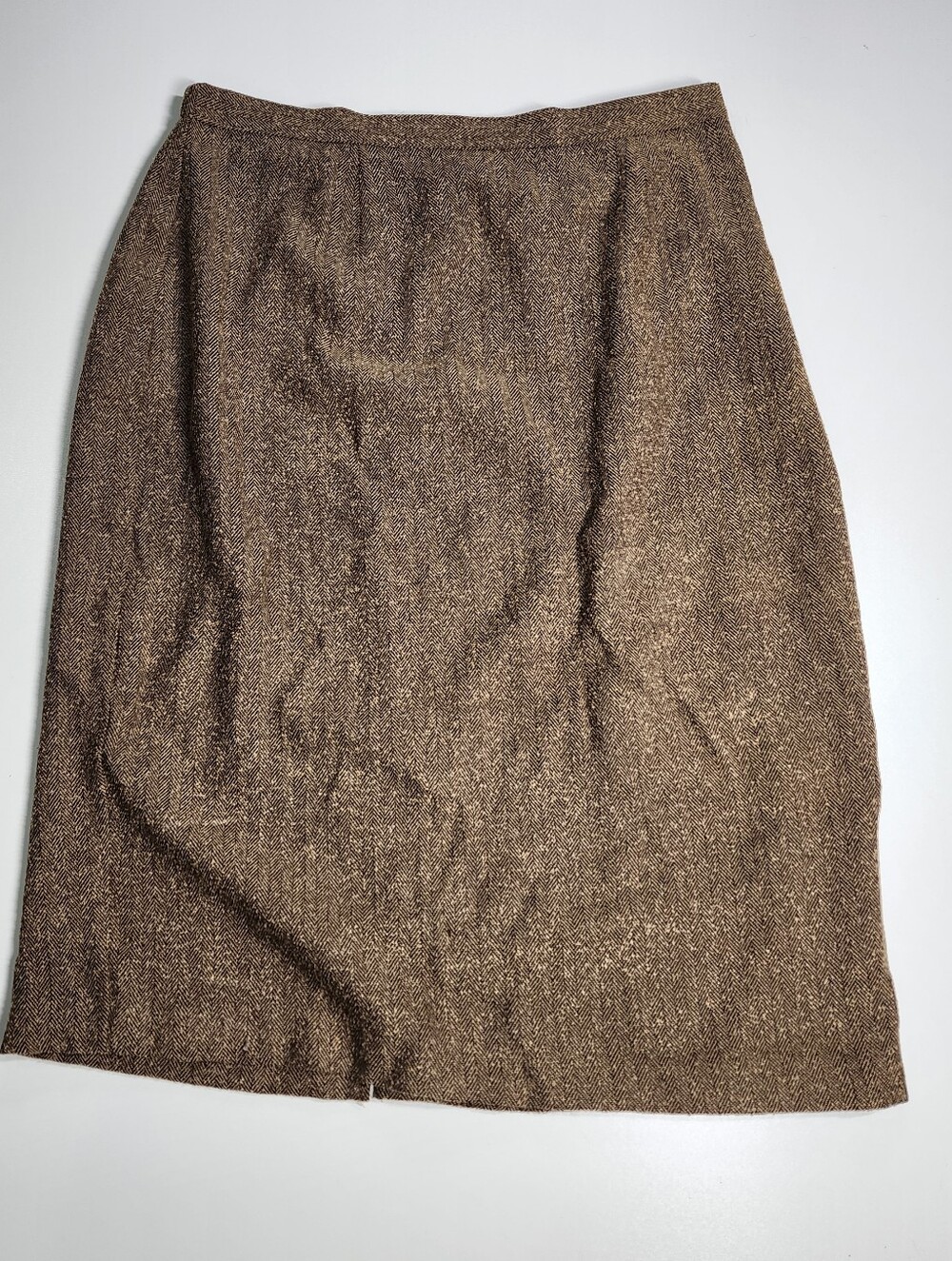 Tweed Pencil Skirt Size 14 Wool Look Back Slit Classic Workwear Brown Tan
